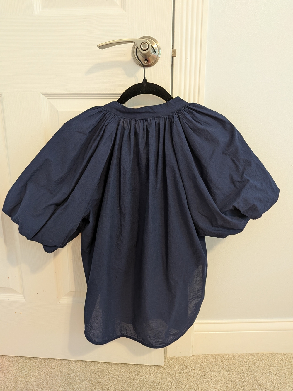 Women's Navy Button-Front Puff Sleeve Top - Picture 6 of 6